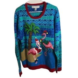 Jolly Sweater Flamingo Ugly Christmas XL Blue Pink Men’s Crewneck